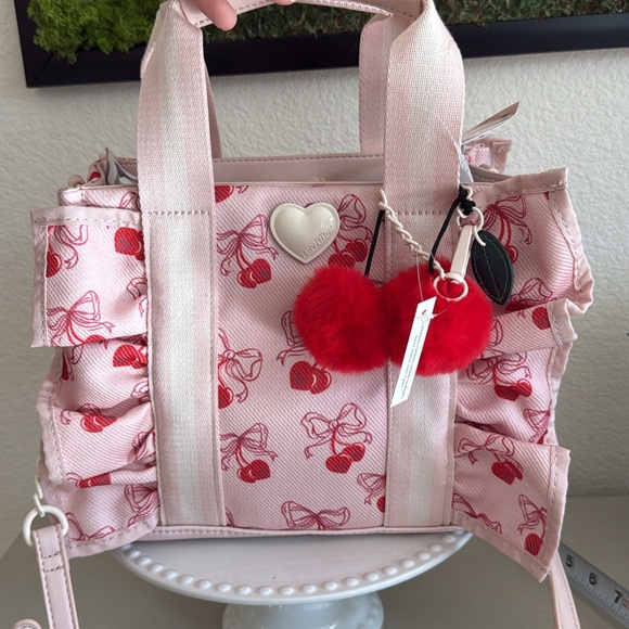 Betsey Johnson Handbags - Betsey Johnson Pink Cherry Print Tote with Red Pom Charm
